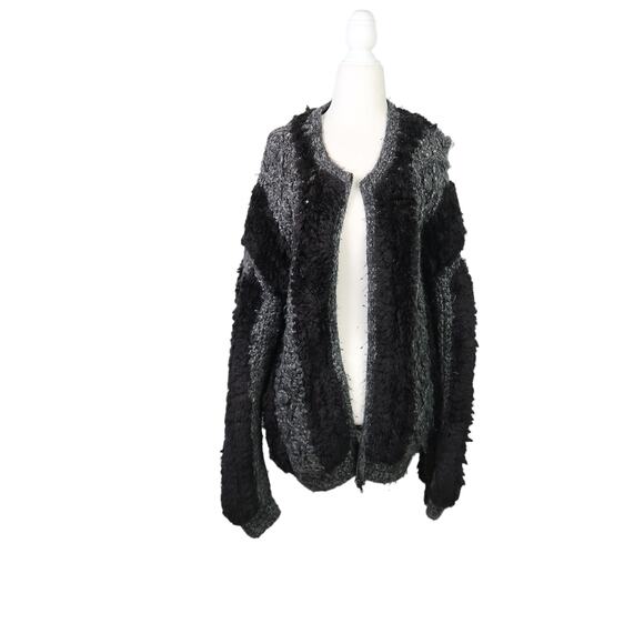 Vintage 80s grey and fuzzy black knit stripe cardigan sweater L - Picture 5 of 8